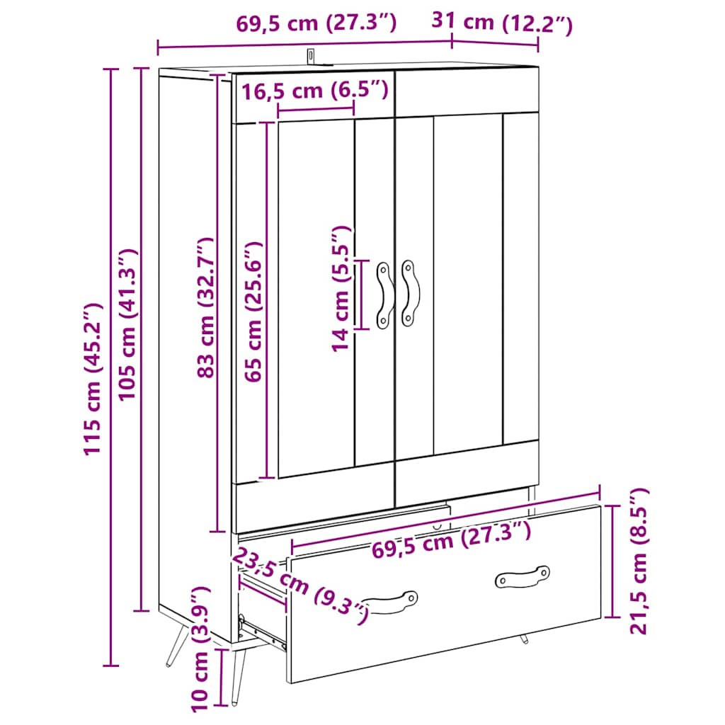 Highboard met lade Zwart Eiken 69,5 x 31 x 115 cm is nu te koop bij PeponiXL, paradijselijk wonen!