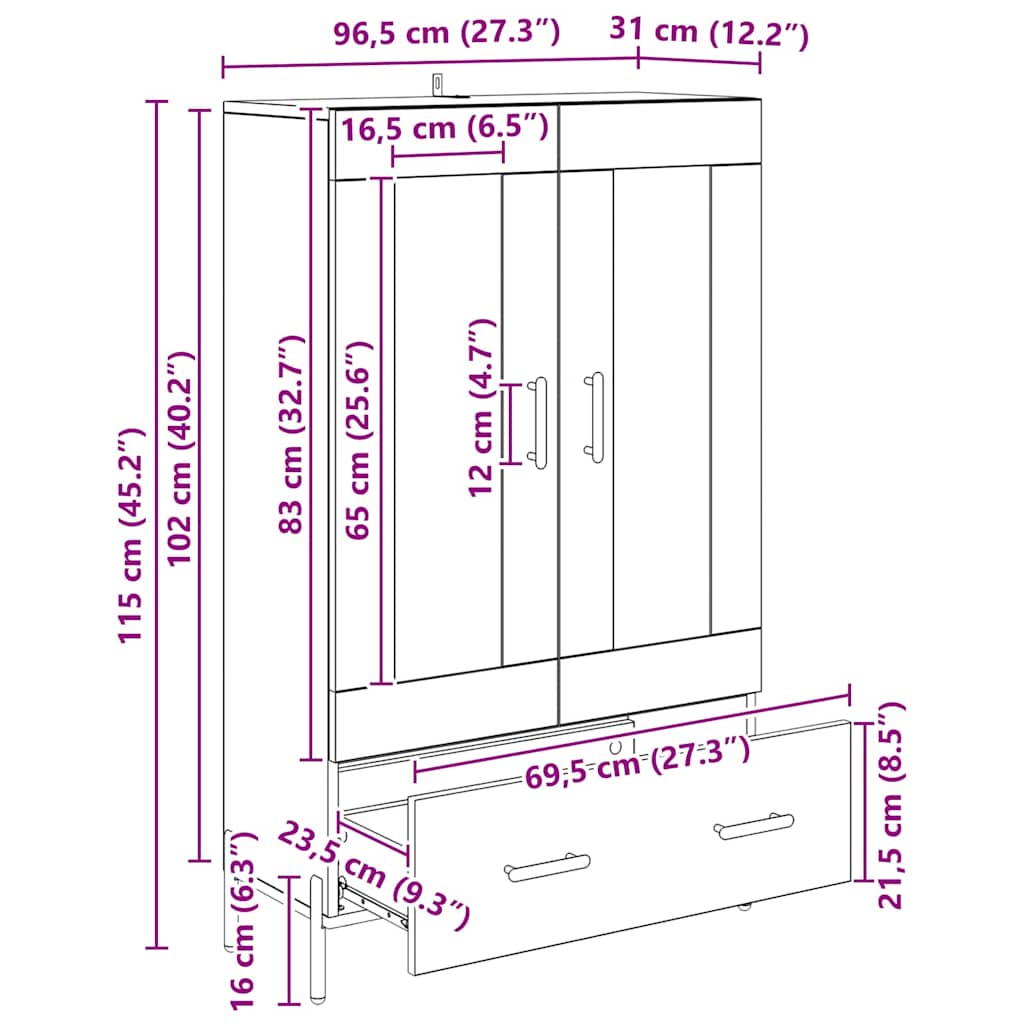 Highboard Corona Artisan Eiken 69,5 x 31 x 115 cm Bewerkt hout is nu te koop bij PeponiXL, paradijselijk wonen!