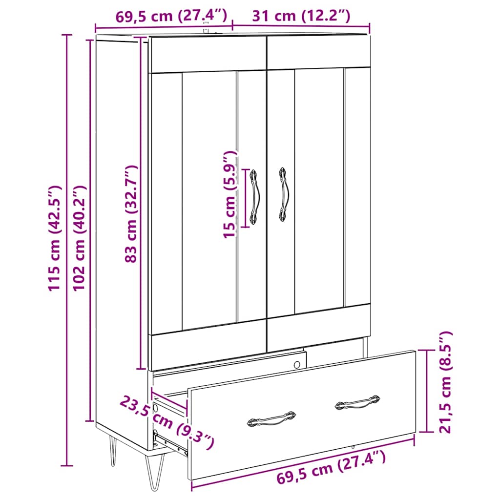 Highboard met lade Zwart Eiken 69,5 x 31 x 115 cm Bewerkt hout is nu te koop bij PeponiXL, paradijselijk wonen!
