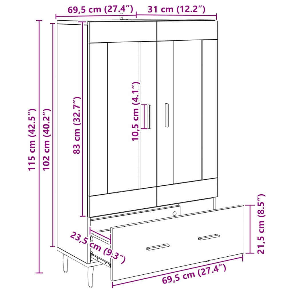 Highboard met lade Oud Hout 69,5 x 31 x 115 cm Bewerkt hout is nu te koop bij PeponiXL, paradijselijk wonen!