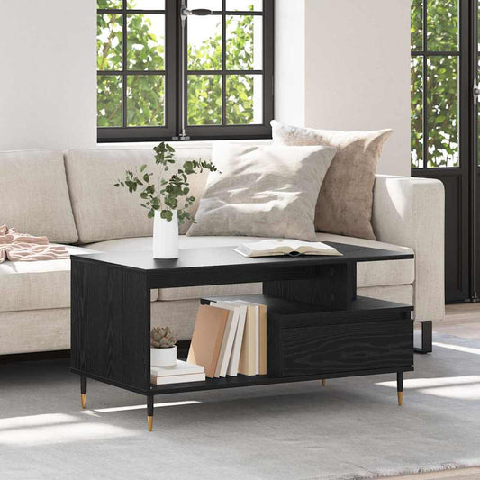 Salontafel met lade Zwart Eiken 90 x 49 x 45 cm Bewerkt hout is nu te koop bij PeponiXL, paradijselijk wonen!