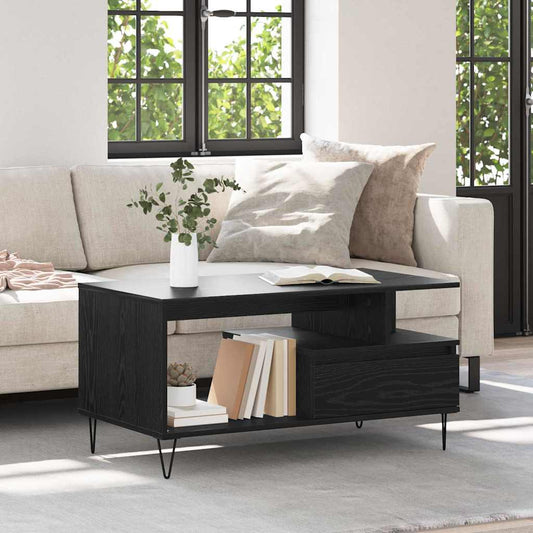 Salontafel met lade Zwart Eiken 90 x 49 x 45 cm Bewerkt hout is nu te koop bij PeponiXL, paradijselijk wonen!