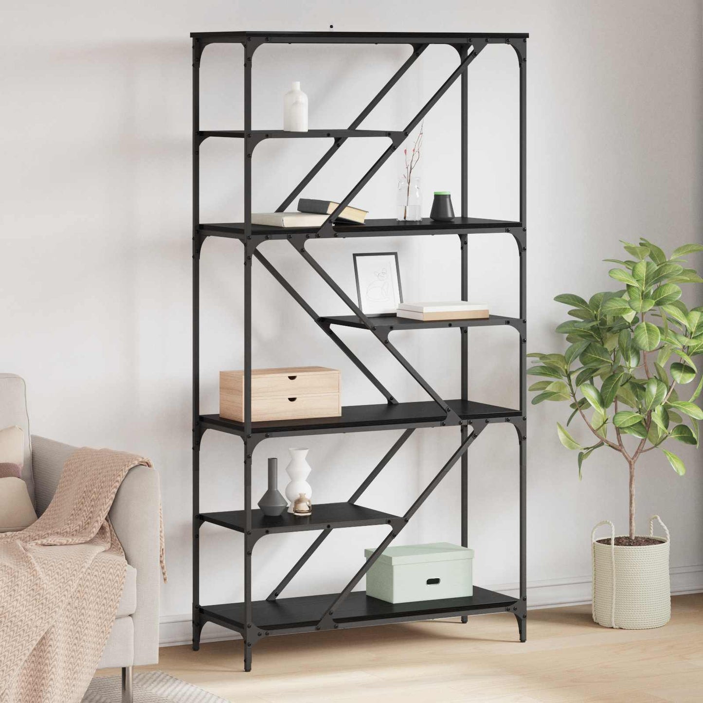 Boekenkast Zwart Eiken 91 x 36 x 176 cm Bewerkt hout is nu te koop bij PeponiXL, paradijselijk wonen!