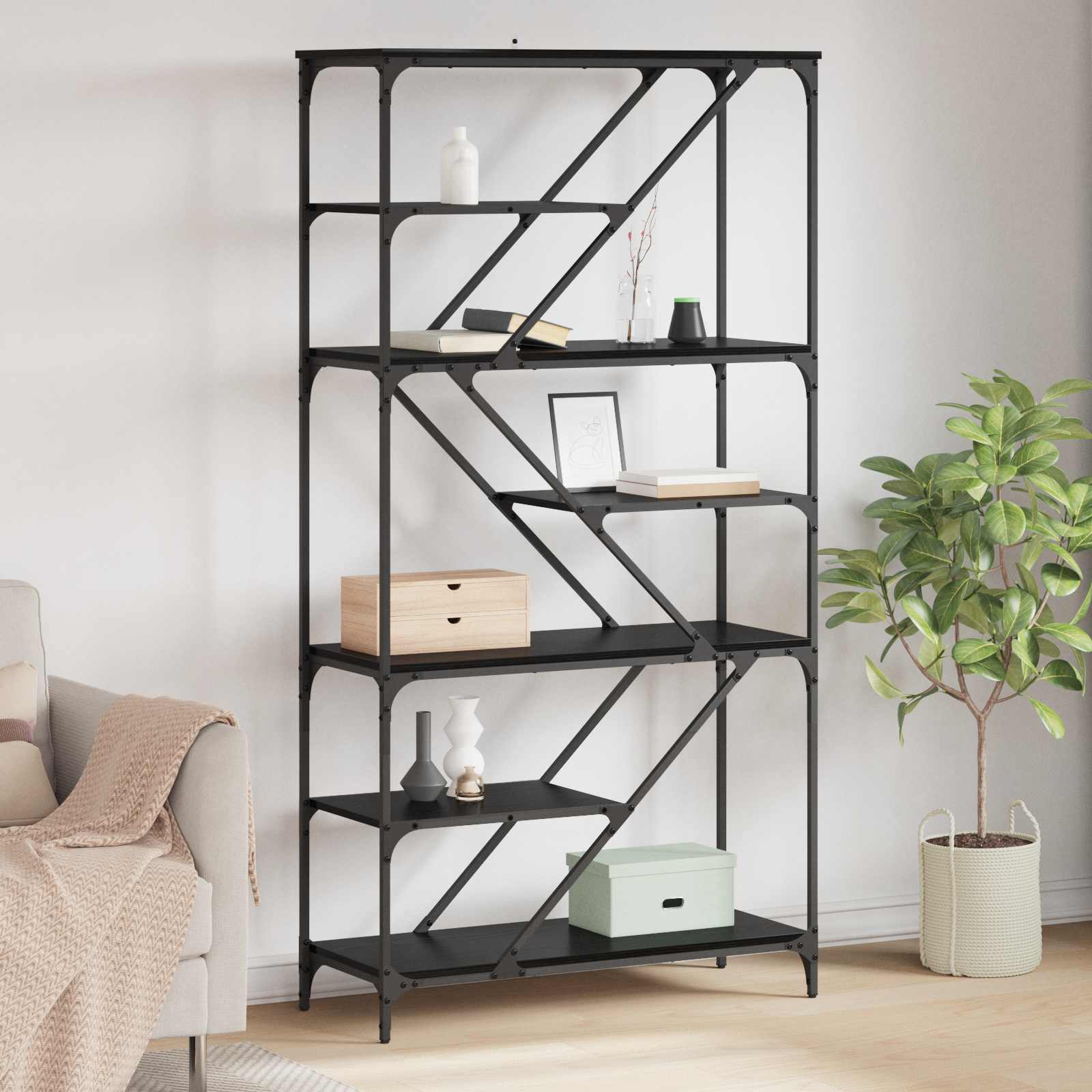 Boekenkast Zwart Eiken 91 x 36 x 176 cm Bewerkt hout is nu te koop bij PeponiXL, paradijselijk wonen!