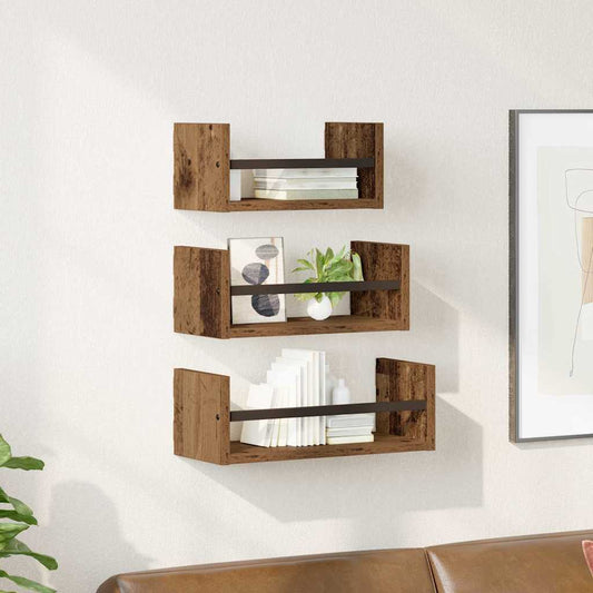 Wandplankenset met plank 3 pcs Oud Hout 40x16x14cm Bewerkt hout is nu te koop bij PeponiXL, paradijselijk wonen!