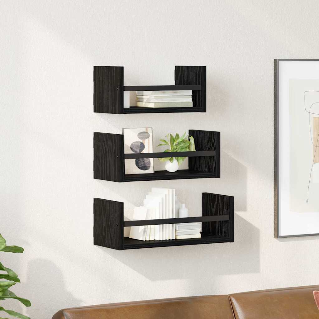 Wandplankenset 3 pcs Zwart Eiken 40x16x14cm Bewerkt hout is nu te koop bij PeponiXL, paradijselijk wonen!