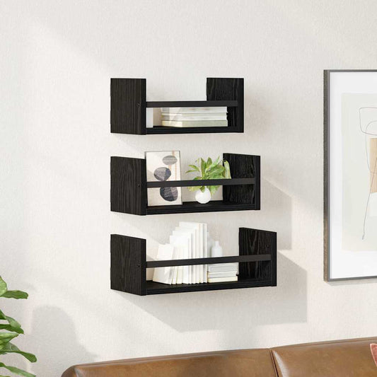 Wandplankenset 3 pcs Zwart Eiken 40x16x14cm Bewerkt hout is nu te koop bij PeponiXL, paradijselijk wonen!