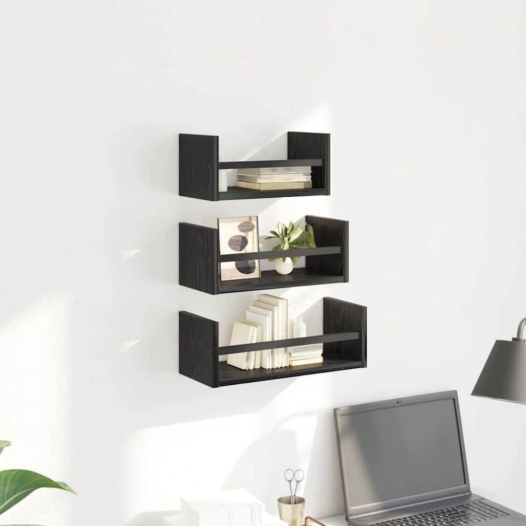 Wandplankenset 3 pcs Zwart Eiken 40x16x14cm Bewerkt hout is nu te koop bij PeponiXL, paradijselijk wonen!