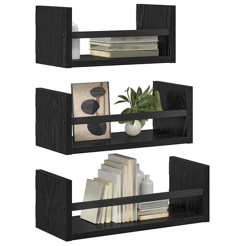 Wandplankenset 3 pcs Zwart Eiken 40x16x14cm Bewerkt hout is nu te koop bij PeponiXL, paradijselijk wonen!