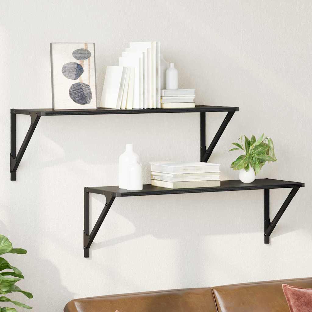 Wandplanken 2 pcs Zwart Eiken 80 x 25 x 25,5 cm Bewerkt hout is nu te koop bij PeponiXL, paradijselijk wonen!