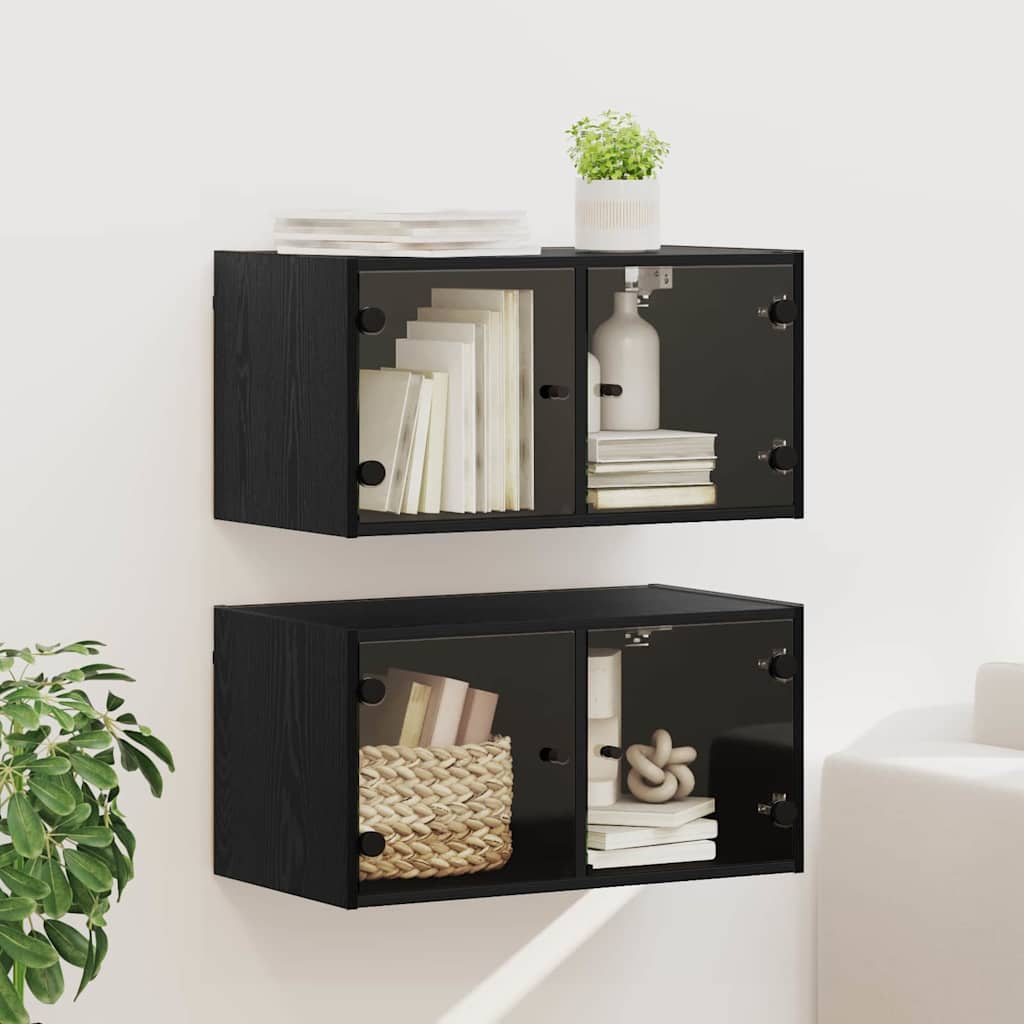 Wandkasten 2 pcs Zwart Eiken 68 x 37 x 35 cm Bewerkt hout is nu te koop bij PeponiXL, paradijselijk wonen!