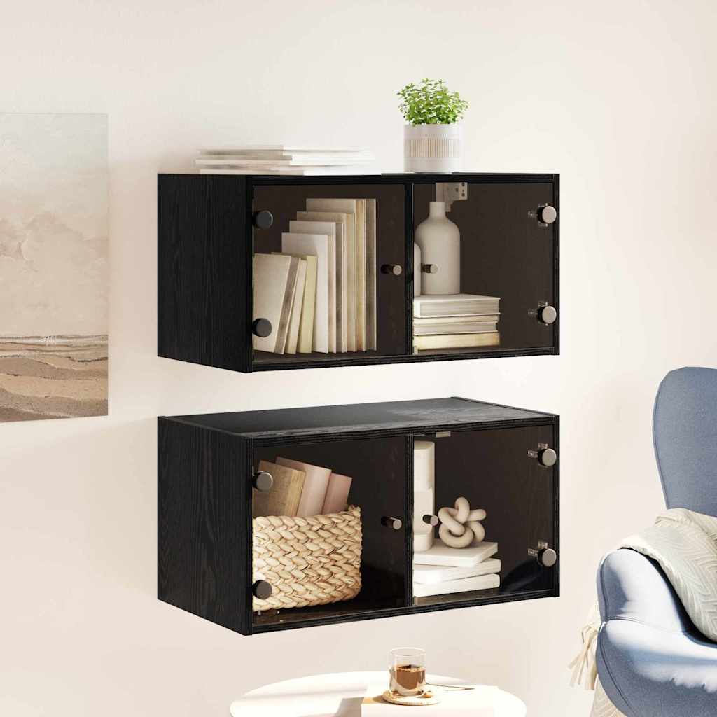 Wandkasten 2 pcs Zwart Eiken 68 x 37 x 35 cm Bewerkt hout is nu te koop bij PeponiXL, paradijselijk wonen!