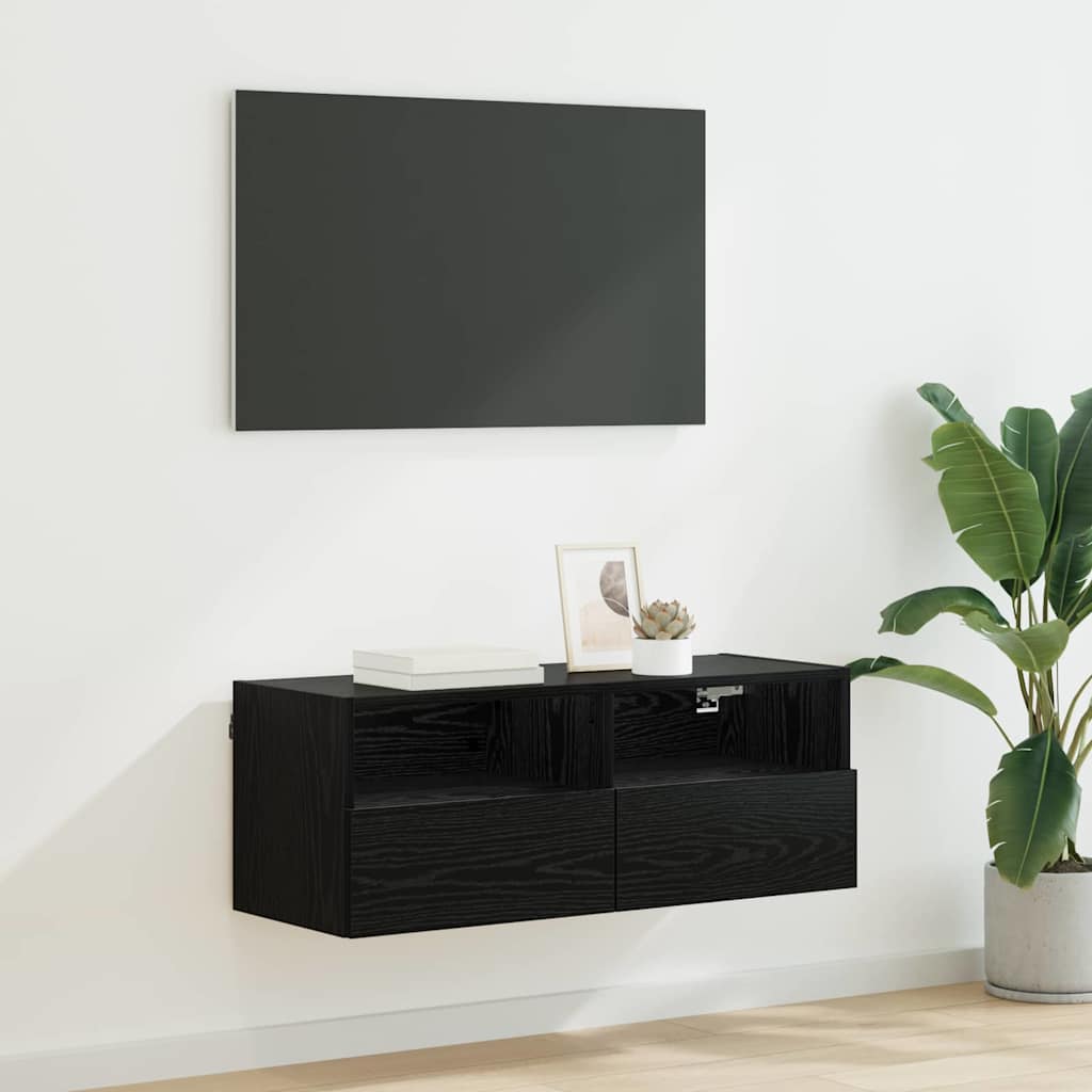 TV Wandkast Zwart Eiken 80 x 30 x 30 cm Bewerkt hout is nu te koop bij PeponiXL, paradijselijk wonen!