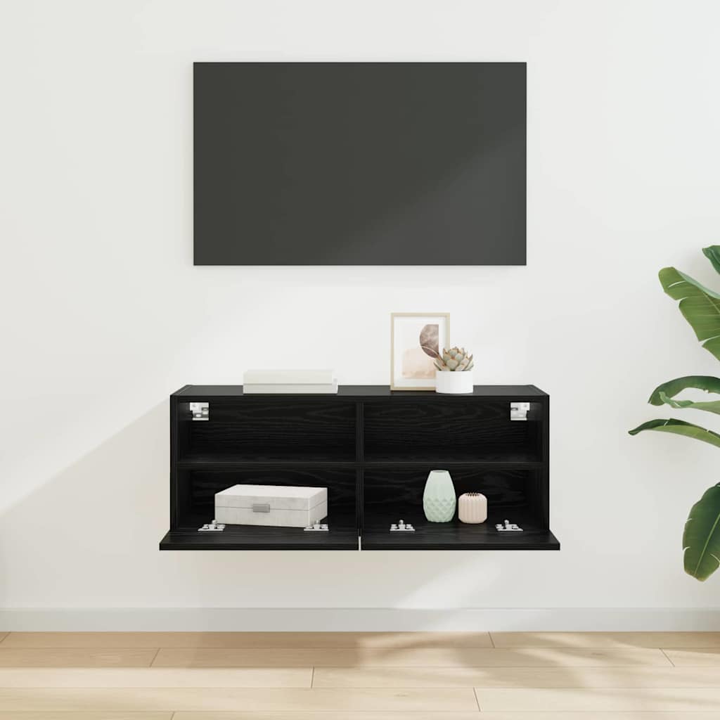 TV Wandkast Zwart Eiken 80 x 30 x 30 cm Bewerkt hout is nu te koop bij PeponiXL, paradijselijk wonen!