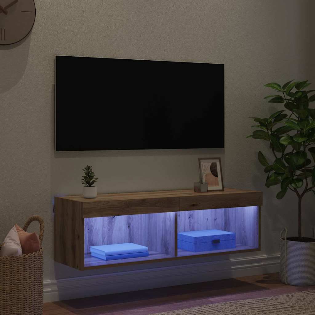 TV-wandkast met LED Artisan Eiken 100 x 30 x 30 cm Bewerkt hout is nu te koop bij PeponiXL, paradijselijk wonen!
