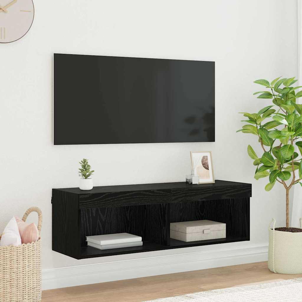 TV-wandkast Panama Zwart Eiken 100 x 30 x 30 cm Bewerkt hout is nu te koop bij PeponiXL, paradijselijk wonen!