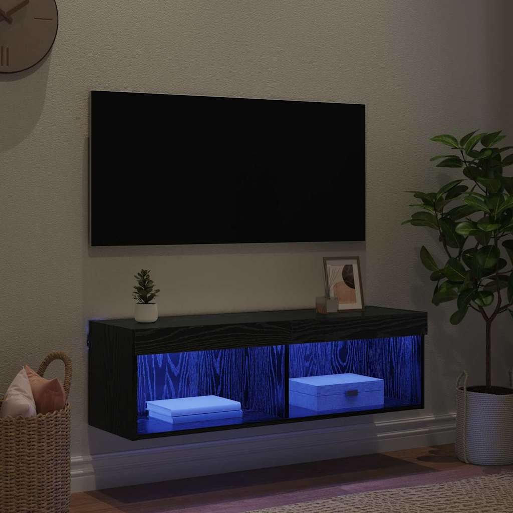 TV-wandkast Panama Zwart Eiken 100 x 30 x 30 cm Bewerkt hout is nu te koop bij PeponiXL, paradijselijk wonen!