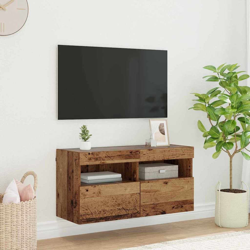 TV Wandkast met LED Oud Hout 80 x 30 x 40 cm Bewerkt hout is nu te koop bij PeponiXL, paradijselijk wonen!