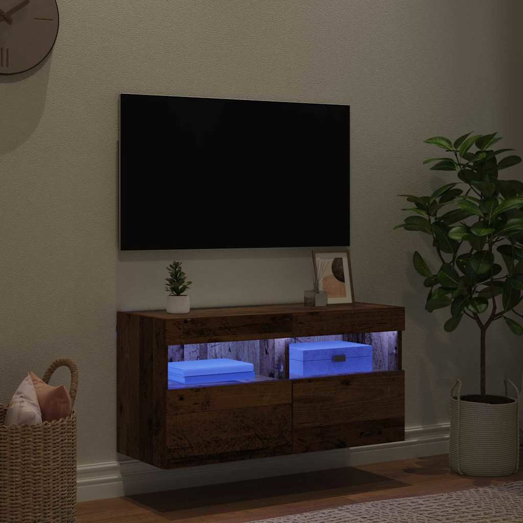 TV Wandkast met LED Oud Hout 80 x 30 x 40 cm Bewerkt hout is nu te koop bij PeponiXL, paradijselijk wonen!