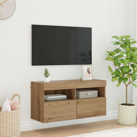 TV Wandkast met LED Artisan Eiken 80 x 30 x 40 cm Bewerkt hout is nu te koop bij PeponiXL, paradijselijk wonen!