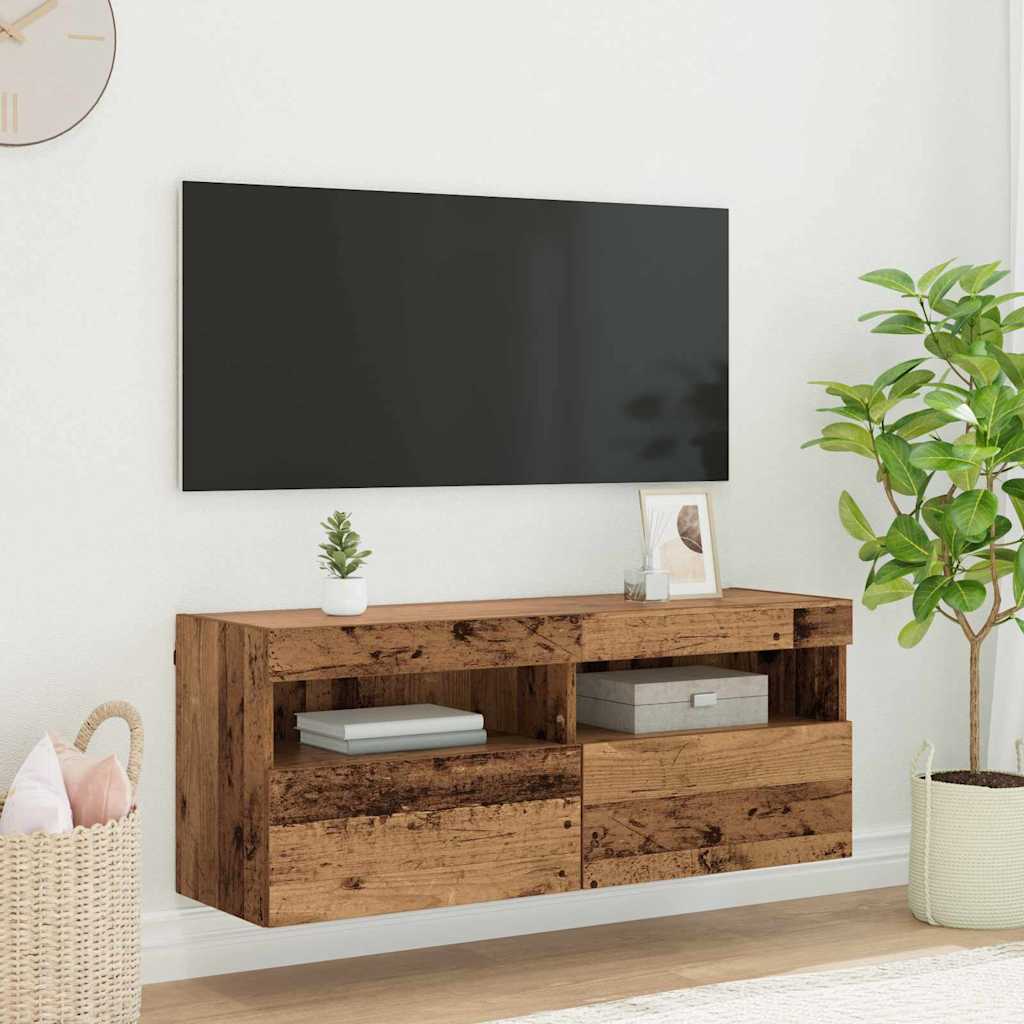TV Wandkast met LED Oud Hout 100 x 30 x 40 cm Bewerkt hout is nu te koop bij PeponiXL, paradijselijk wonen!