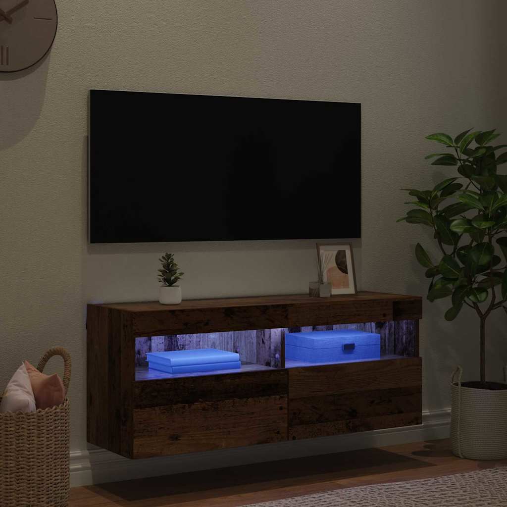 TV Wandkast met LED Oud Hout 100 x 30 x 40 cm Bewerkt hout is nu te koop bij PeponiXL, paradijselijk wonen!