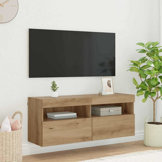 TV Wandkast met LED Artisan Eiken 100 x 30 x 40 cm Bewerkt hout is nu te koop bij PeponiXL, paradijselijk wonen!