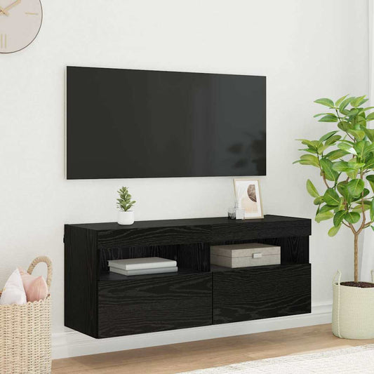 TV Wandkast met LED Zwart Eiken 100 x 30 x 40 cm Bewerkt hout is nu te koop bij PeponiXL, paradijselijk wonen!