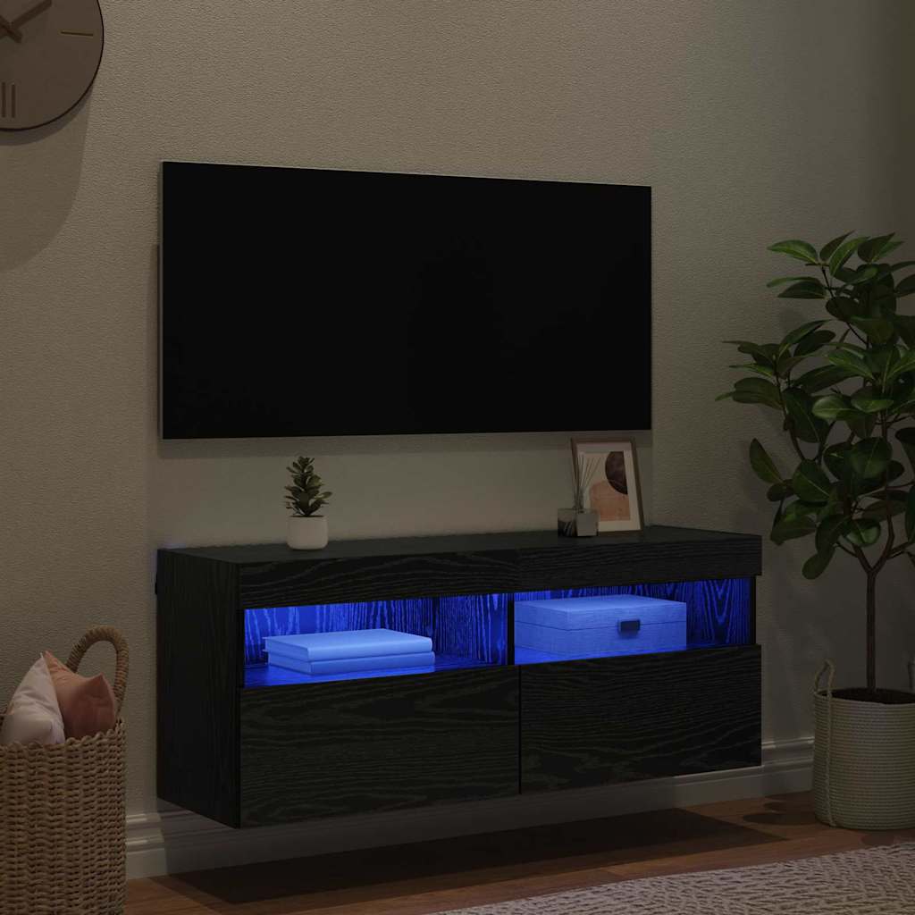 TV Wandkast met LED Zwart Eiken 100 x 30 x 40 cm Bewerkt hout is nu te koop bij PeponiXL, paradijselijk wonen!