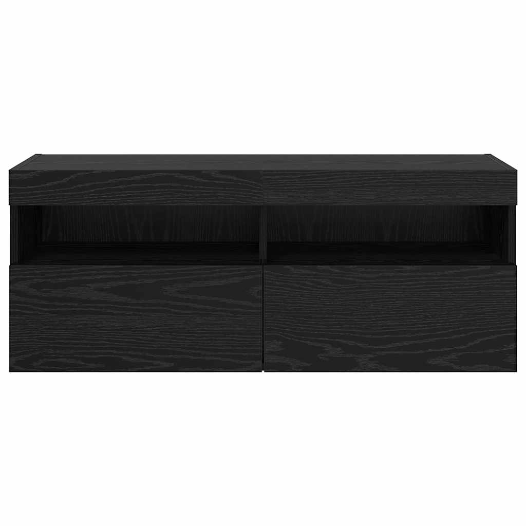 TV Wandkast met LED Zwart Eiken 100 x 30 x 40 cm Bewerkt hout is nu te koop bij PeponiXL, paradijselijk wonen!