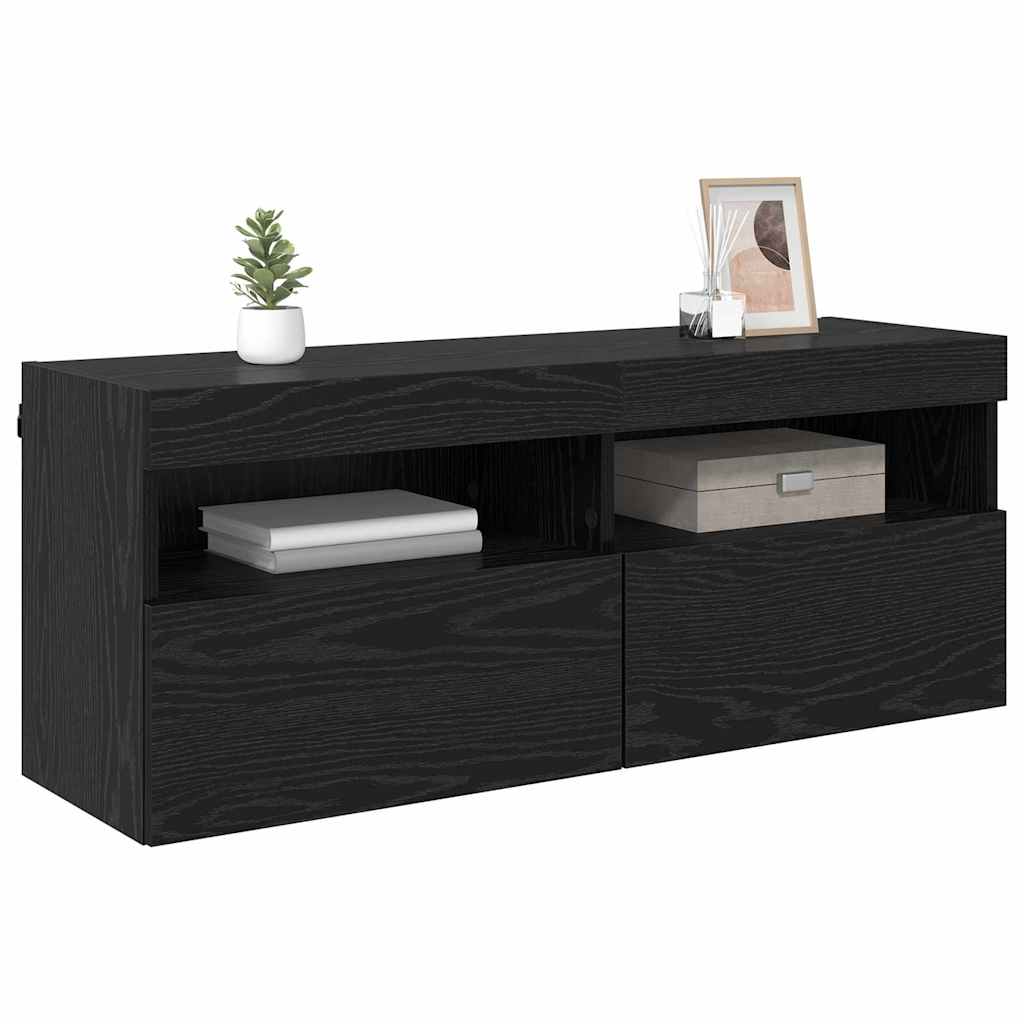 TV Wandkast met LED Zwart Eiken 100 x 30 x 40 cm Bewerkt hout is nu te koop bij PeponiXL, paradijselijk wonen!