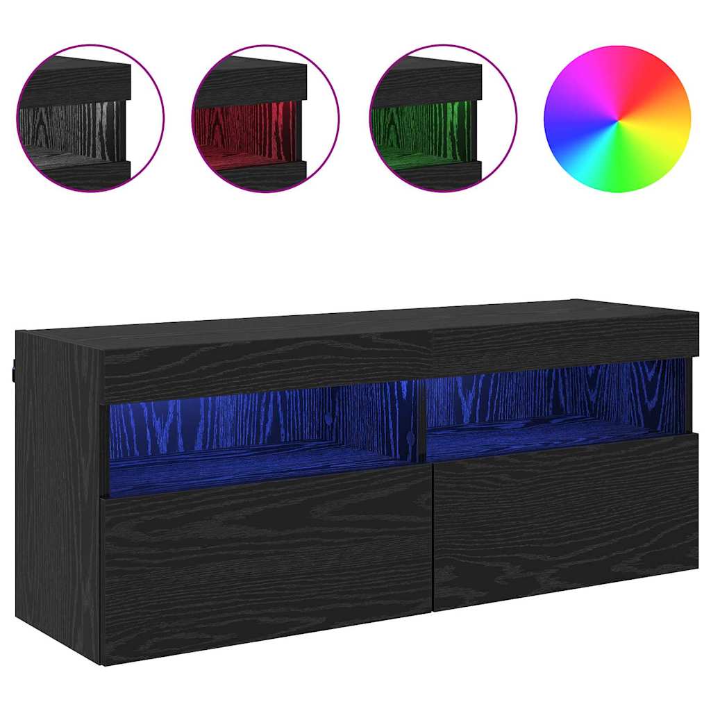 TV Wandkast met LED Zwart Eiken 100 x 30 x 40 cm Bewerkt hout is nu te koop bij PeponiXL, paradijselijk wonen!