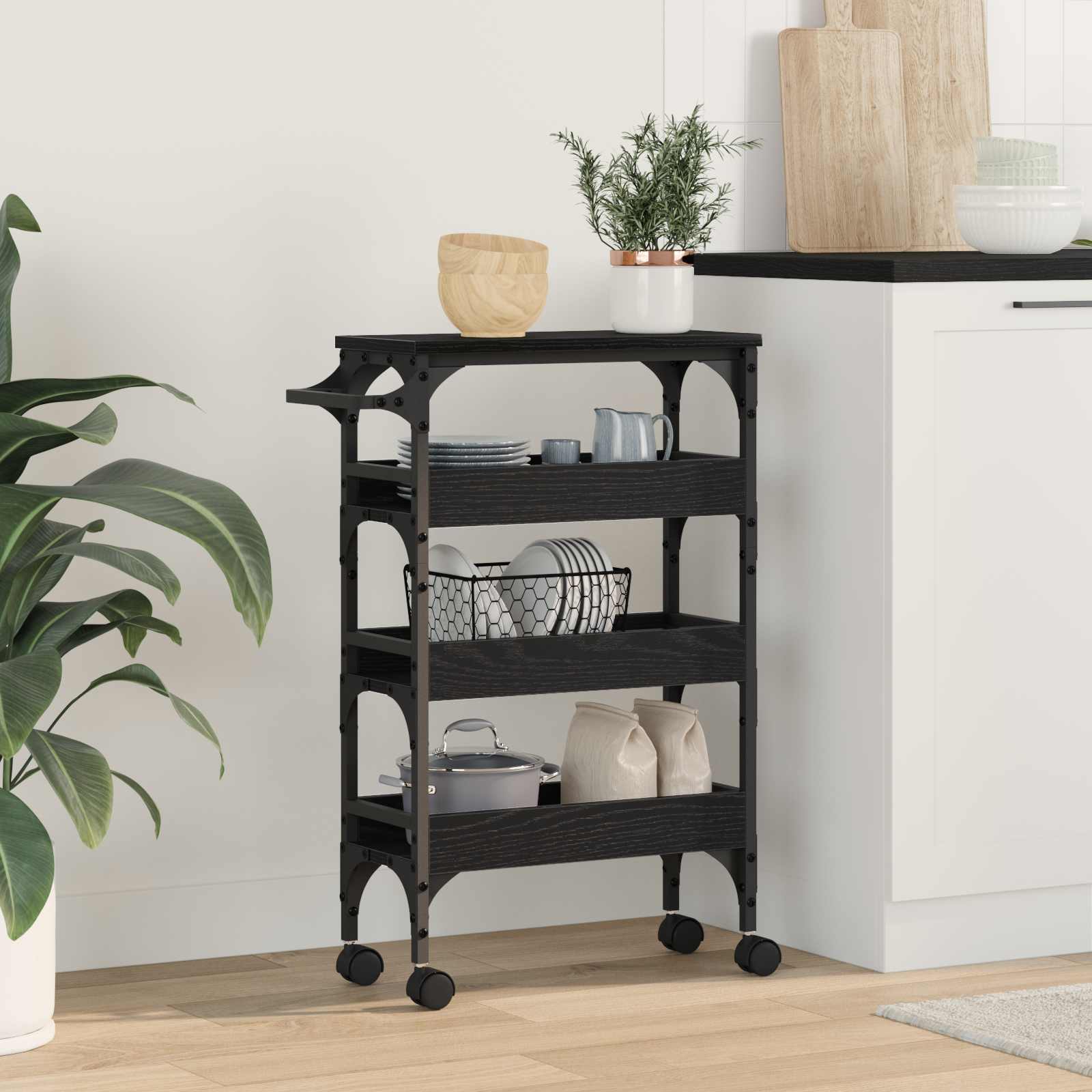 Keuken Trolley Zwart Eiken 53 x 20 x 76 cm Bewerkt hout is nu te koop bij PeponiXL, paradijselijk wonen!