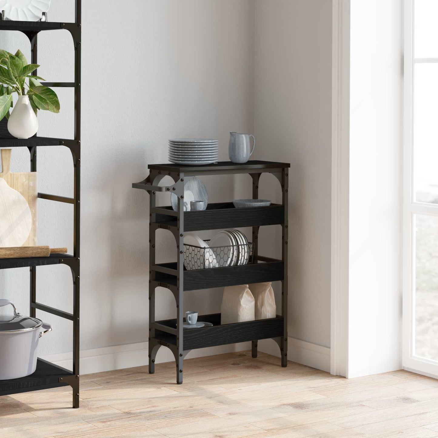 Keuken Trolley Zwart Eiken 53 x 20 x 76 cm Bewerkt hout is nu te koop bij PeponiXL, paradijselijk wonen!