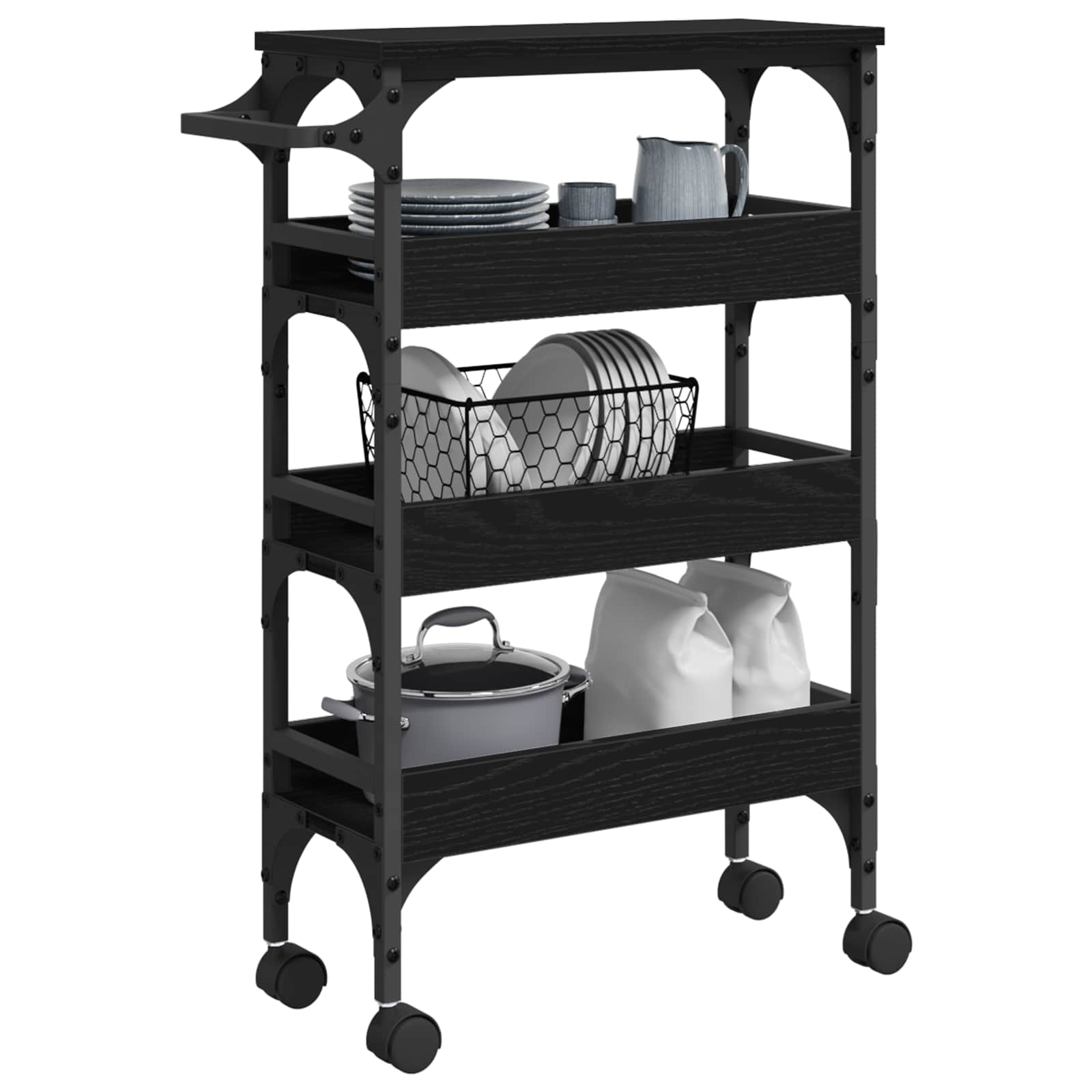 Keuken Trolley Zwart Eiken 53 x 20 x 76 cm Bewerkt hout is nu te koop bij PeponiXL, paradijselijk wonen!