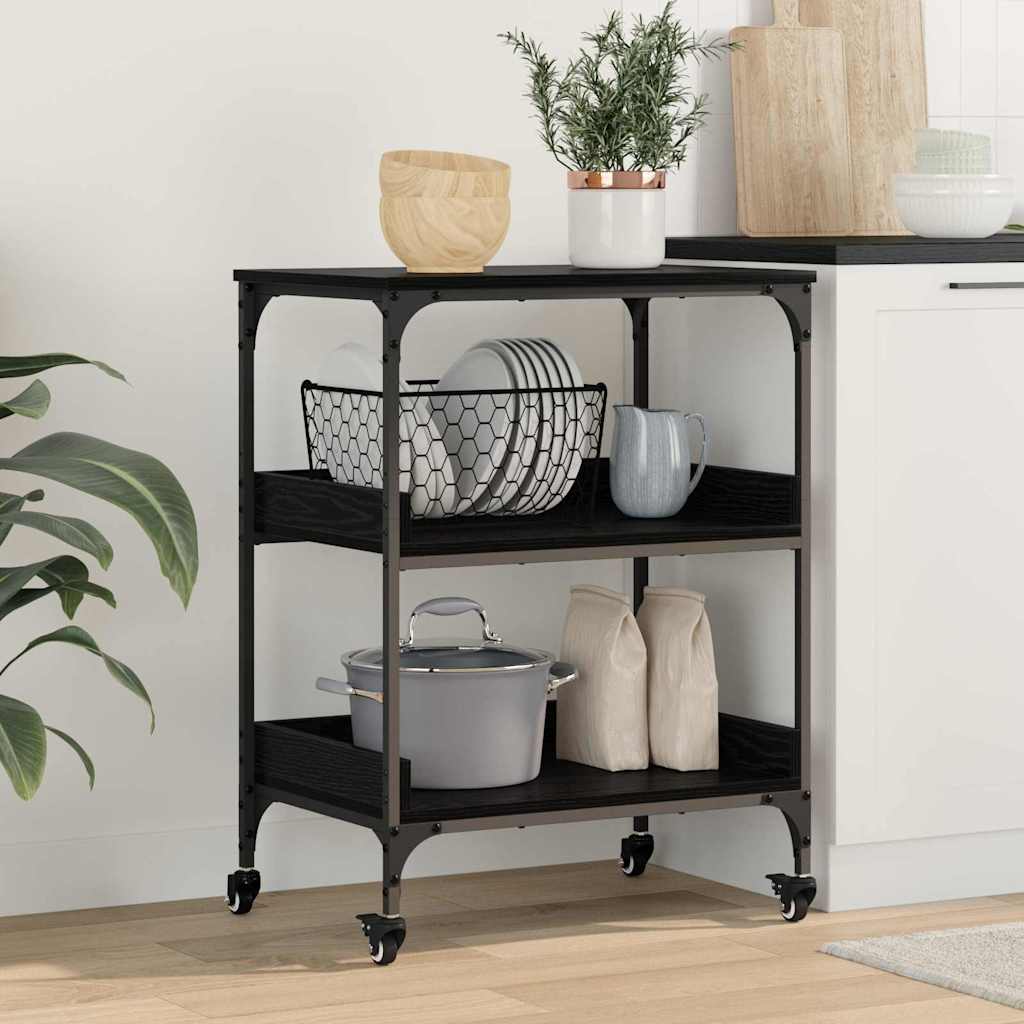Keuken Trolley Zwart Eiken 60 x 41 x 80.5 cm Bewerkt hout is nu te koop bij PeponiXL, paradijselijk wonen!