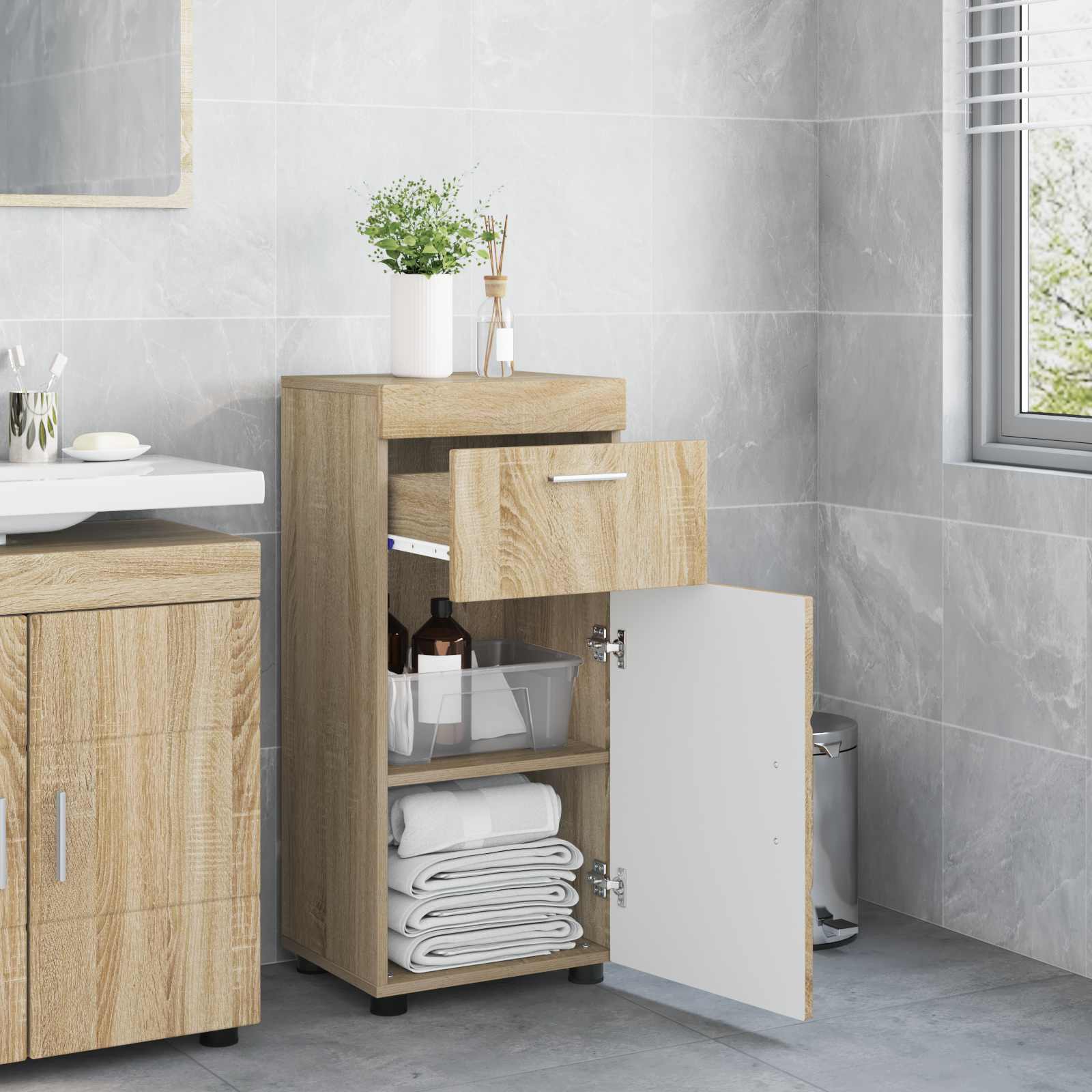 Badkamerkastenset met lade TULUM Sonoma Eiken 37 x 31,5 x 82 cm is nu te koop bij PeponiXL, paradijselijk wonen!