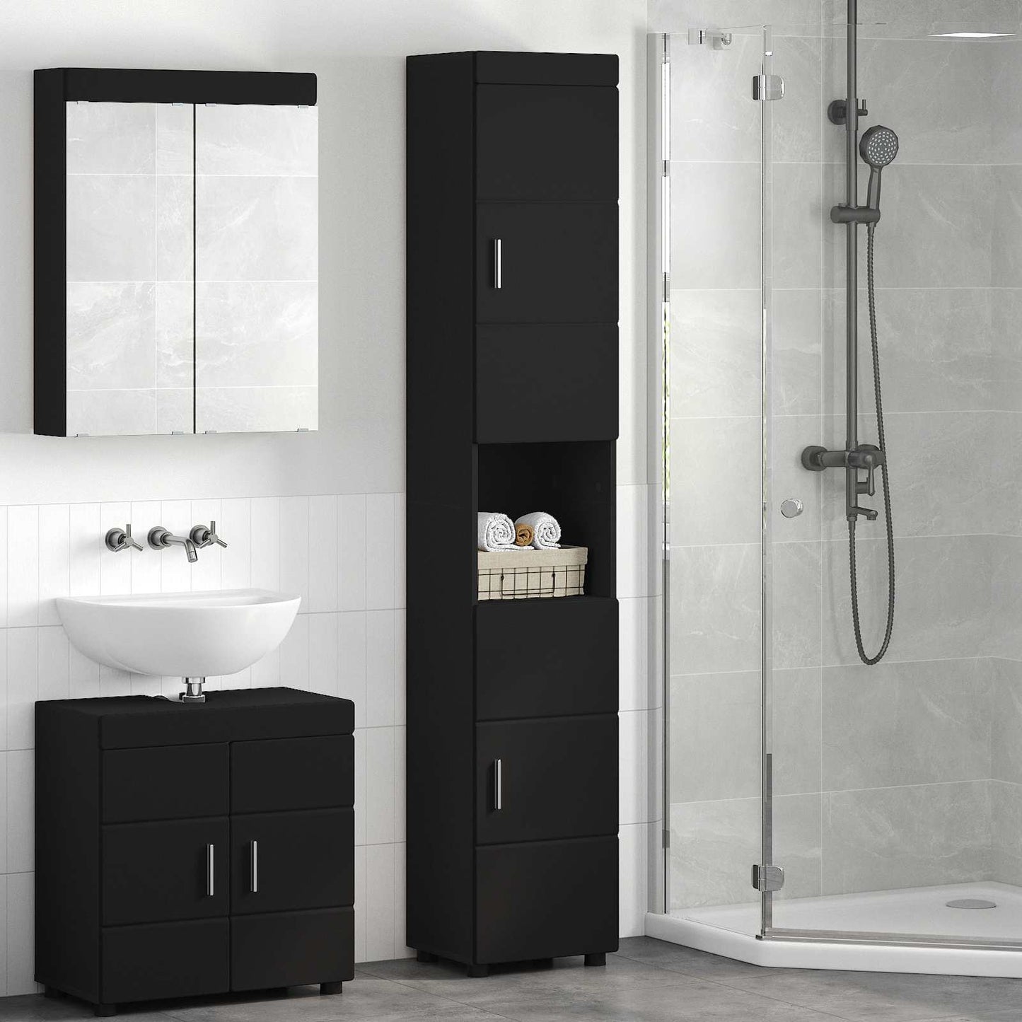 Badkamerkastenset TULUM Zwart 37 x 31,5 x 203 cm Bewerkt hout is nu te koop bij PeponiXL, paradijselijk wonen!