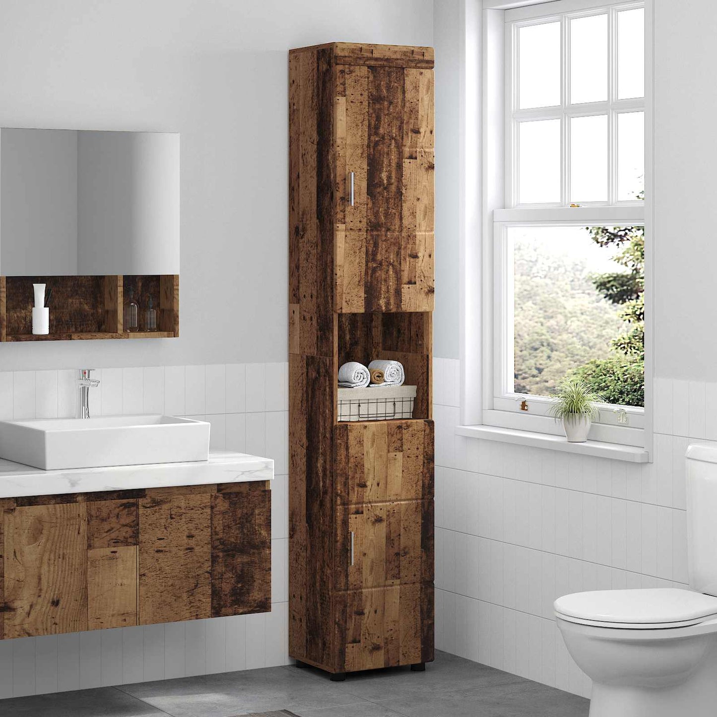 Badkamerkastenset TULUM Oudhout 37 x 31,5 x 203 cm Bewerkt hout is nu te koop bij PeponiXL, paradijselijk wonen!