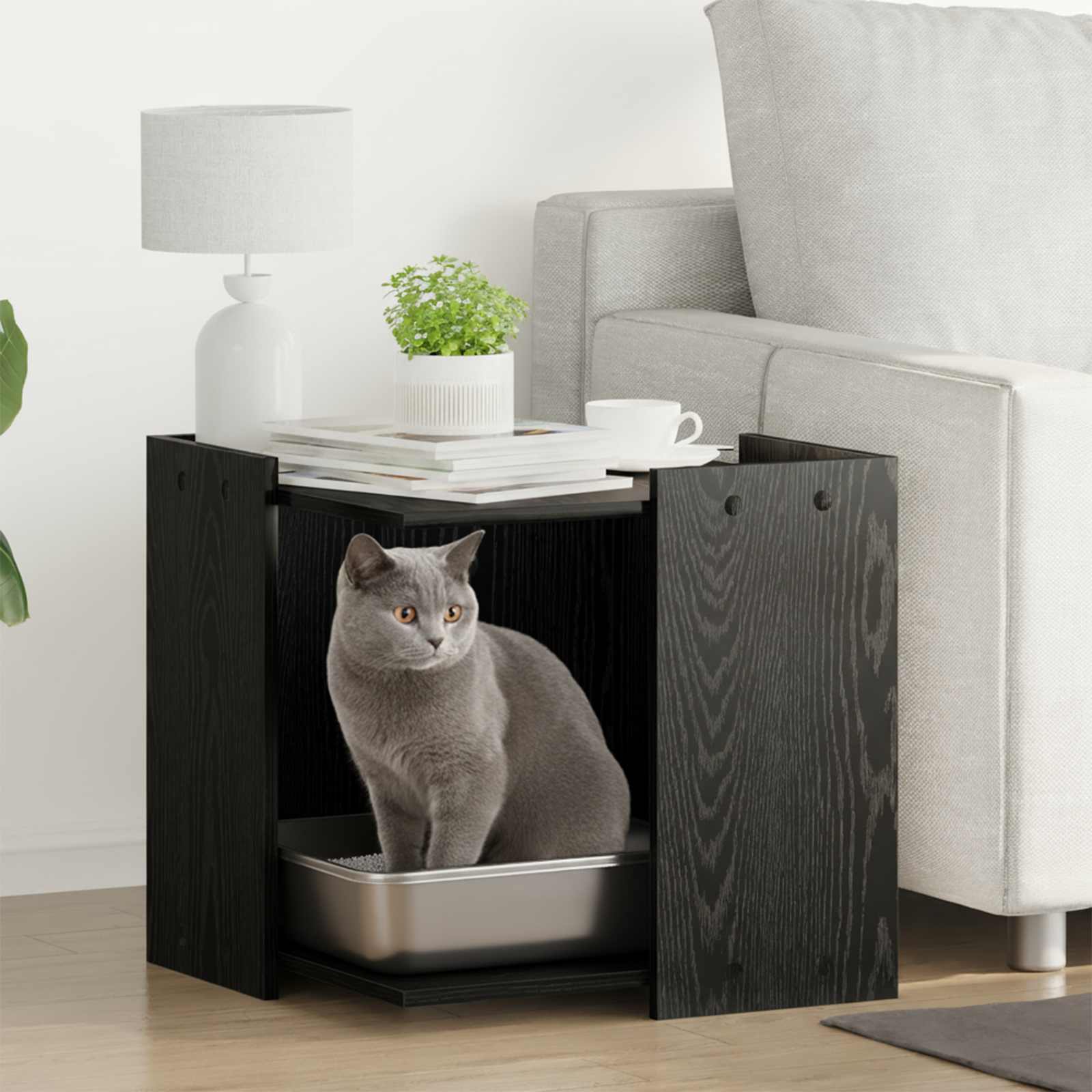 Kattenbak Omheining Zwart eiken 53 x 53 x 51 cm Bewerkt hout is nu te koop bij PeponiXL, paradijselijk wonen!