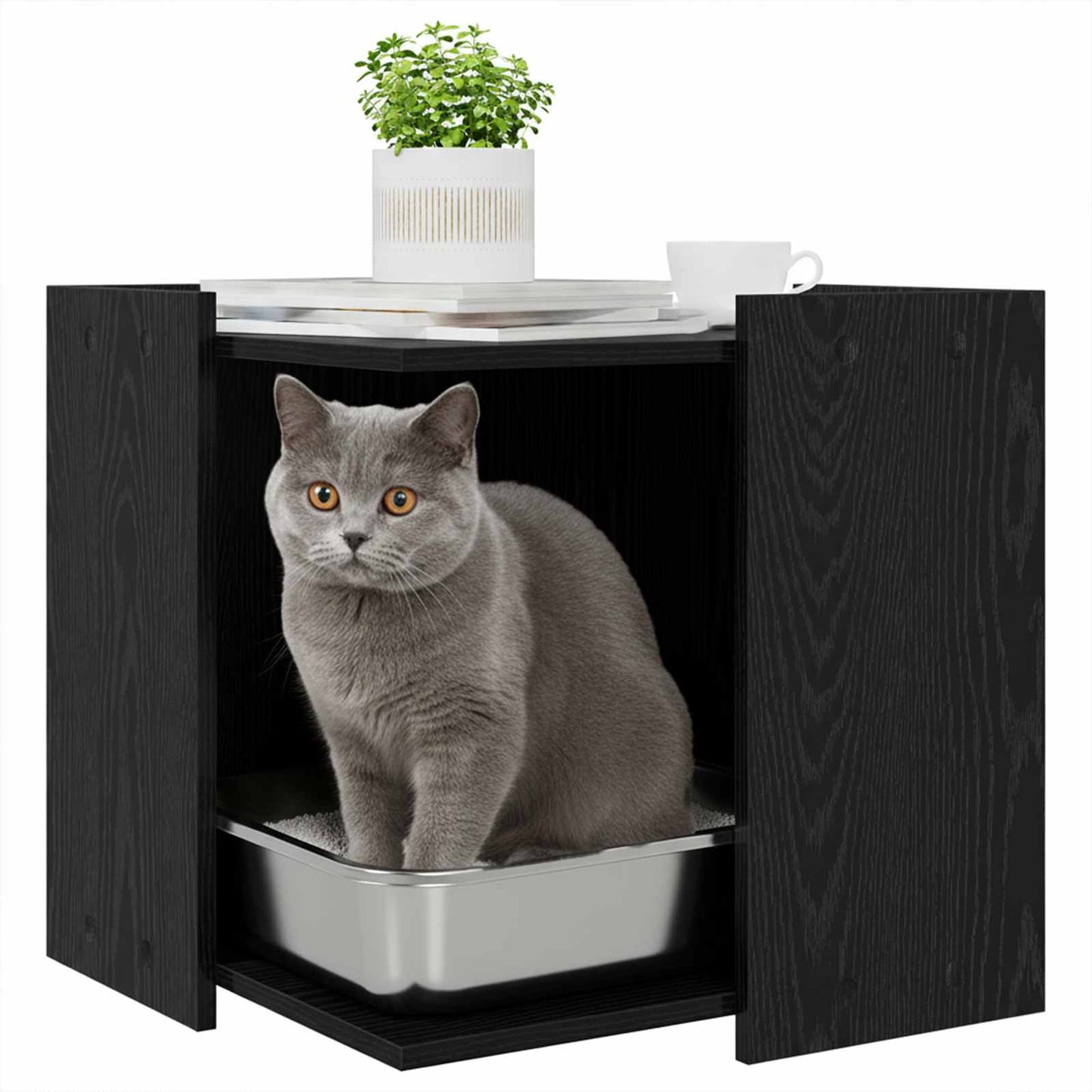 Kattenbak Omheining Zwart eiken 53 x 53 x 51 cm Bewerkt hout is nu te koop bij PeponiXL, paradijselijk wonen!