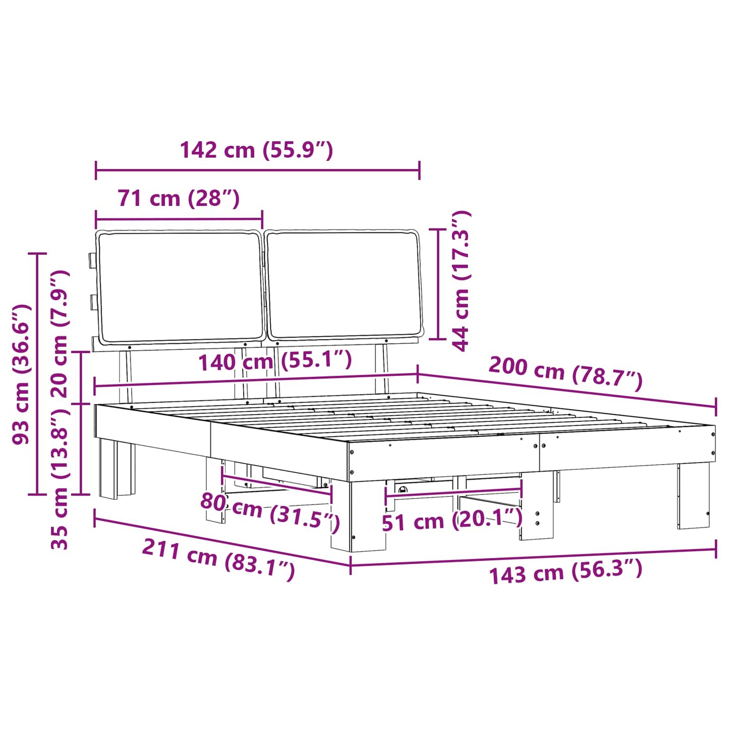 Bedframe met Gevoerd Hoofdgedeelte Zwart 140 x 200 cm is nu te koop bij PeponiXL, paradijselijk wonen!