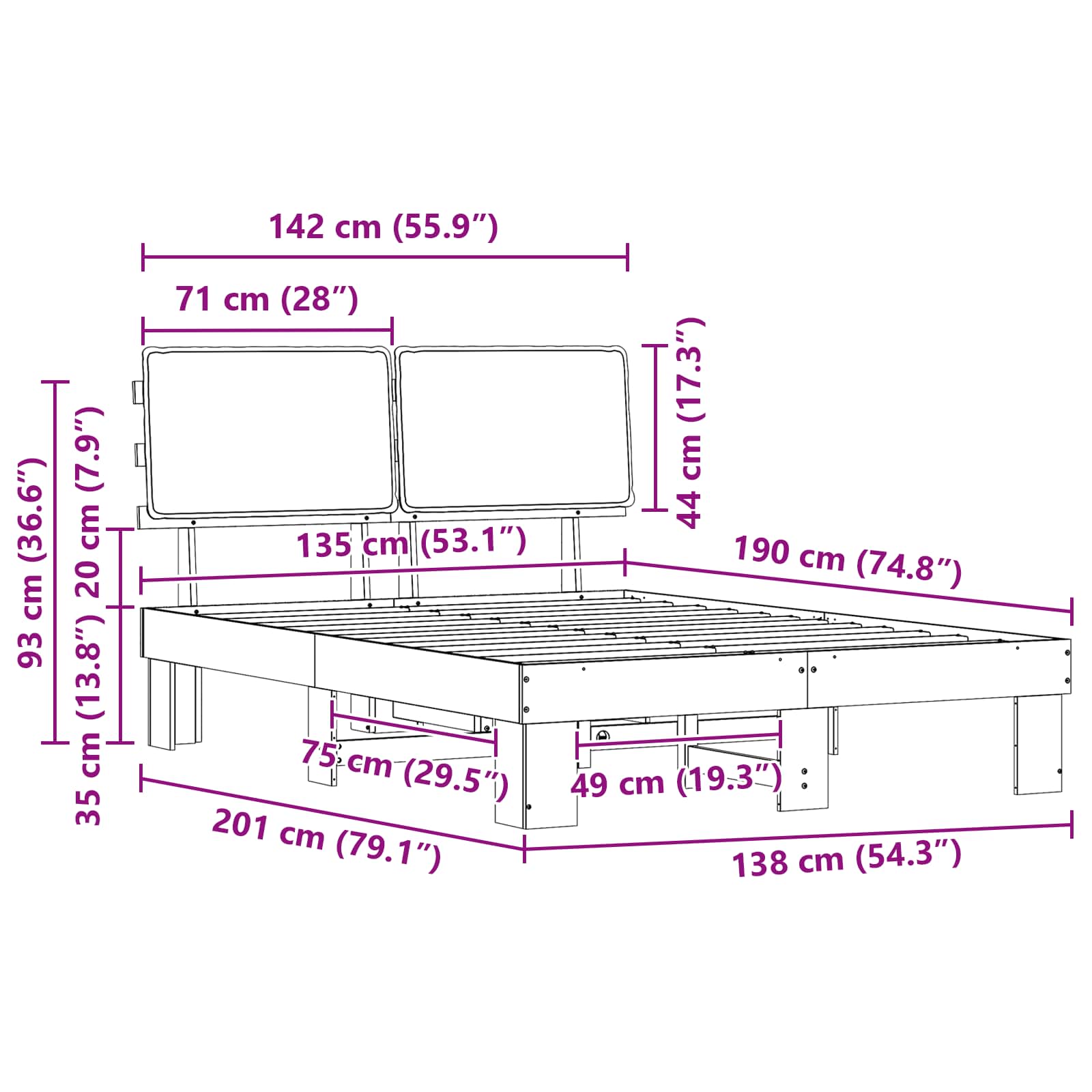 Bedframe met Gevoerd Hoofdgedeelte Donkergrijs 135 x 190 cm is nu te koop bij PeponiXL, paradijselijk wonen!