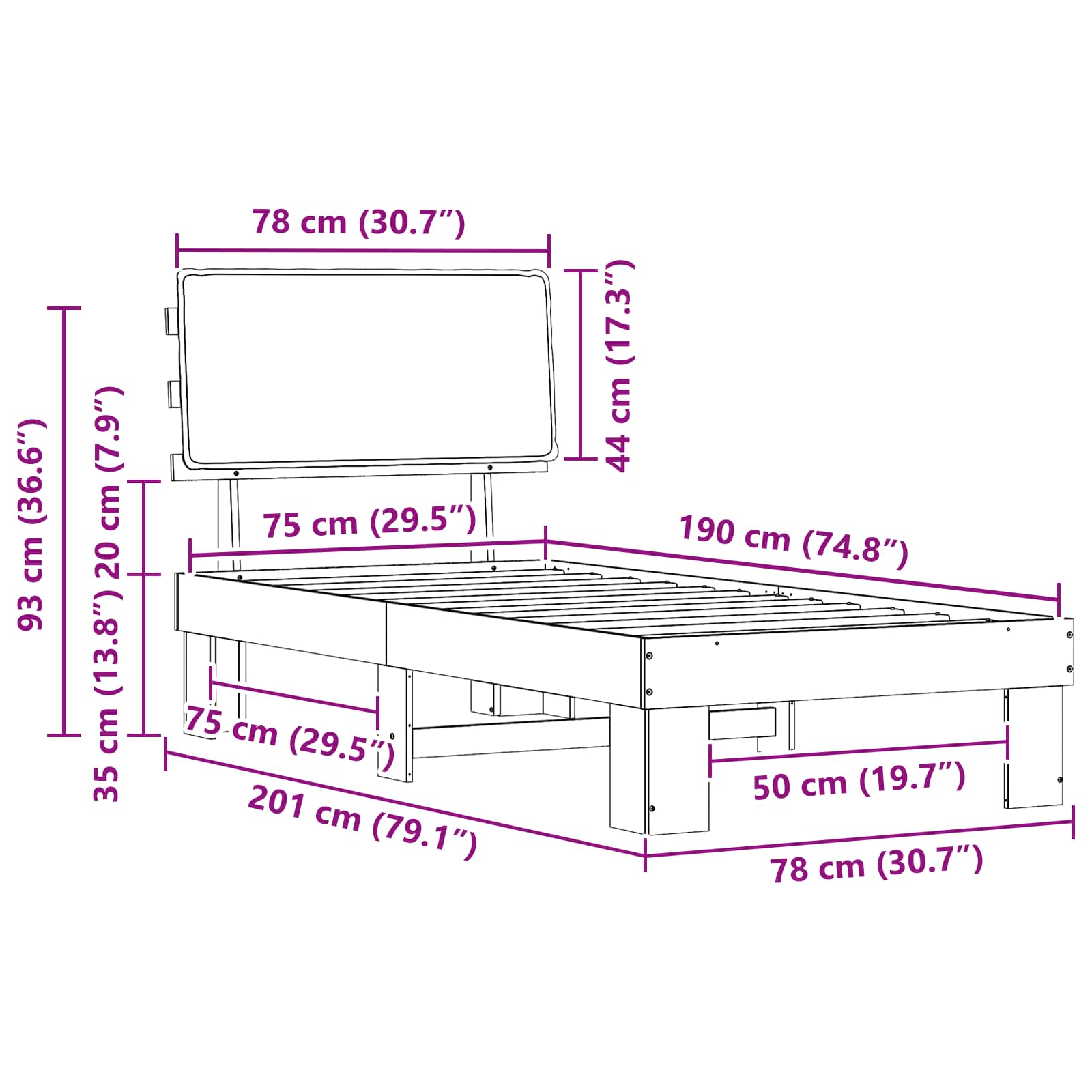Bedframe met Gevoerd Hoofdgedeelte Donkergrijs 75 x 190 cm is nu te koop bij PeponiXL, paradijselijk wonen!