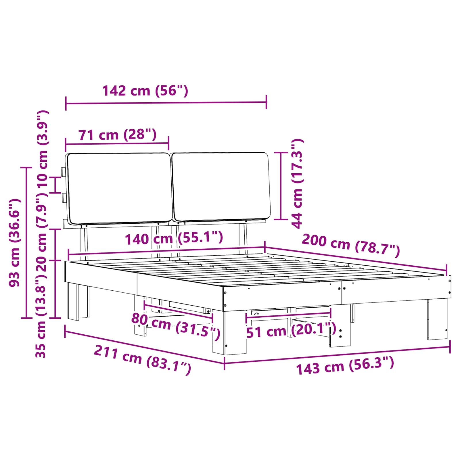 Bedframe met Gevoerd Hoofdgedeelte Zwart 140 x 200 cm is nu te koop bij PeponiXL, paradijselijk wonen!