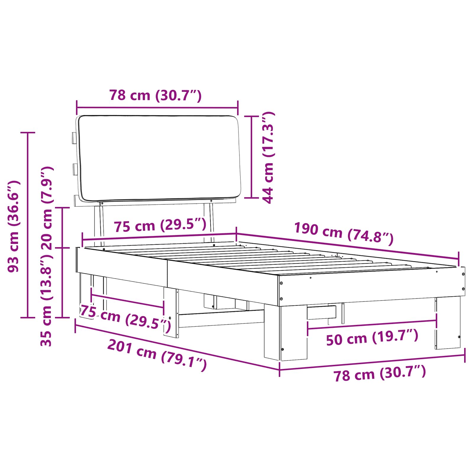 Bedframe met Gevoerd Hoofdgedeelte Donkergrijs 75 x 190 cm is nu te koop bij PeponiXL, paradijselijk wonen!