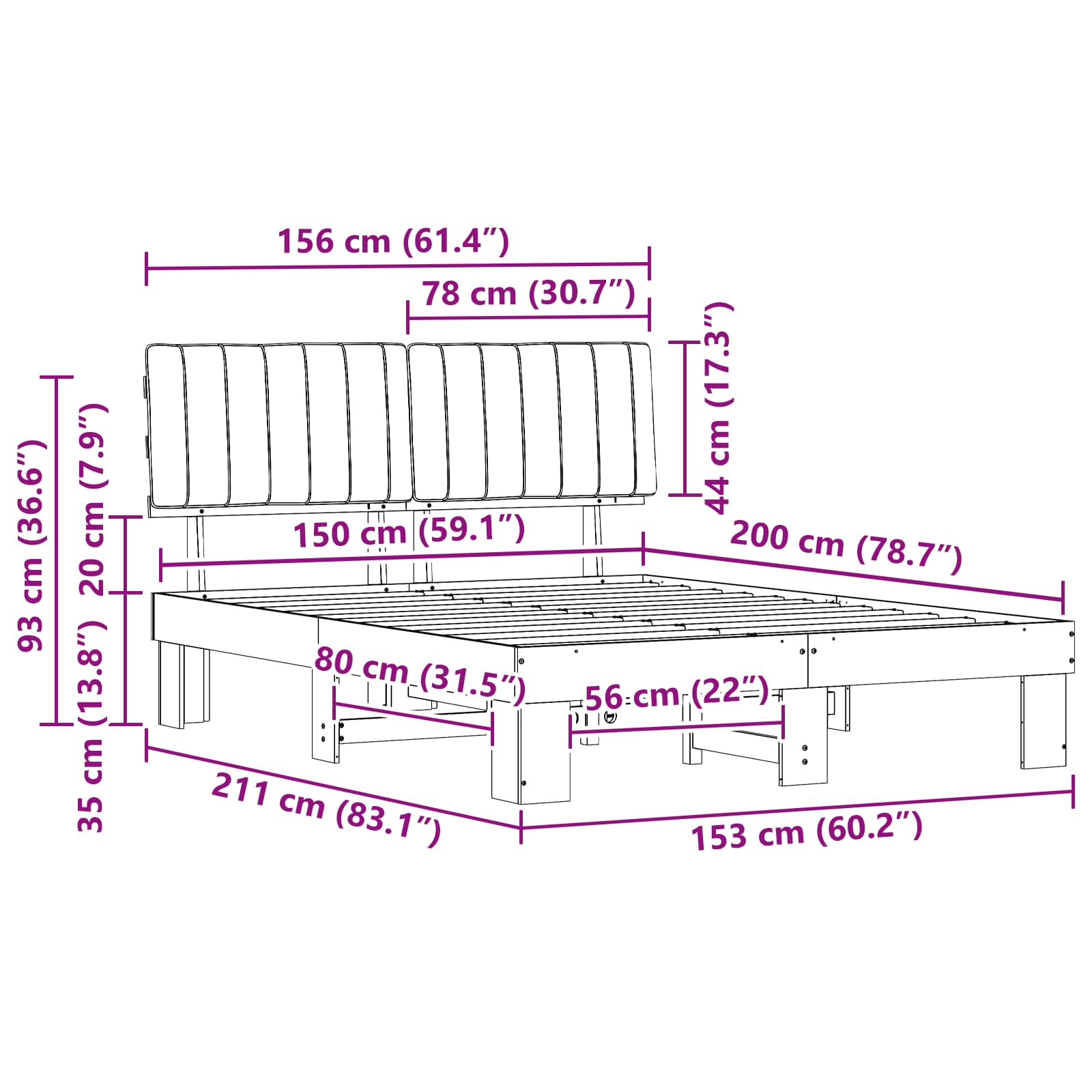Bedframe met Gevoerd Hoofdgedeelte Zwart 150 x 200 cm is nu te koop bij PeponiXL, paradijselijk wonen!