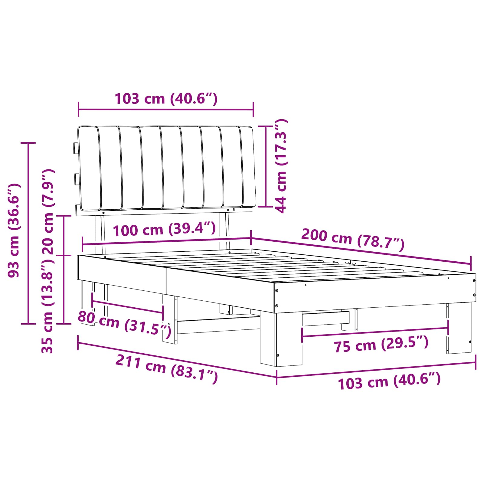 Bedframe met Gevoerd Hoofdgedeelte Zwart 100 x 200 cm is nu te koop bij PeponiXL, paradijselijk wonen!