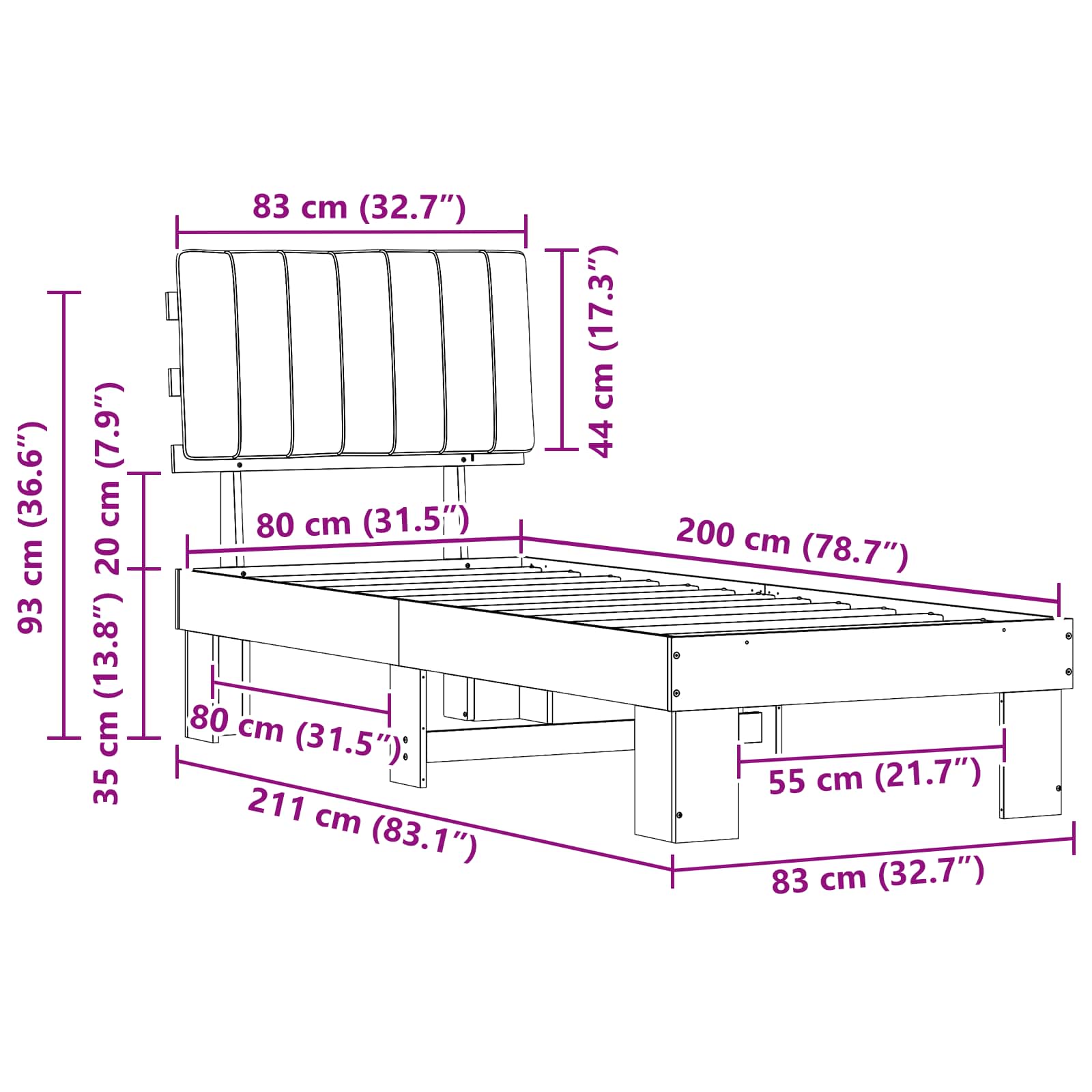 Bedframe met Gevoerd Hoofdgedeelte Donkergrijs 80 x 200 cm is nu te koop bij PeponiXL, paradijselijk wonen!