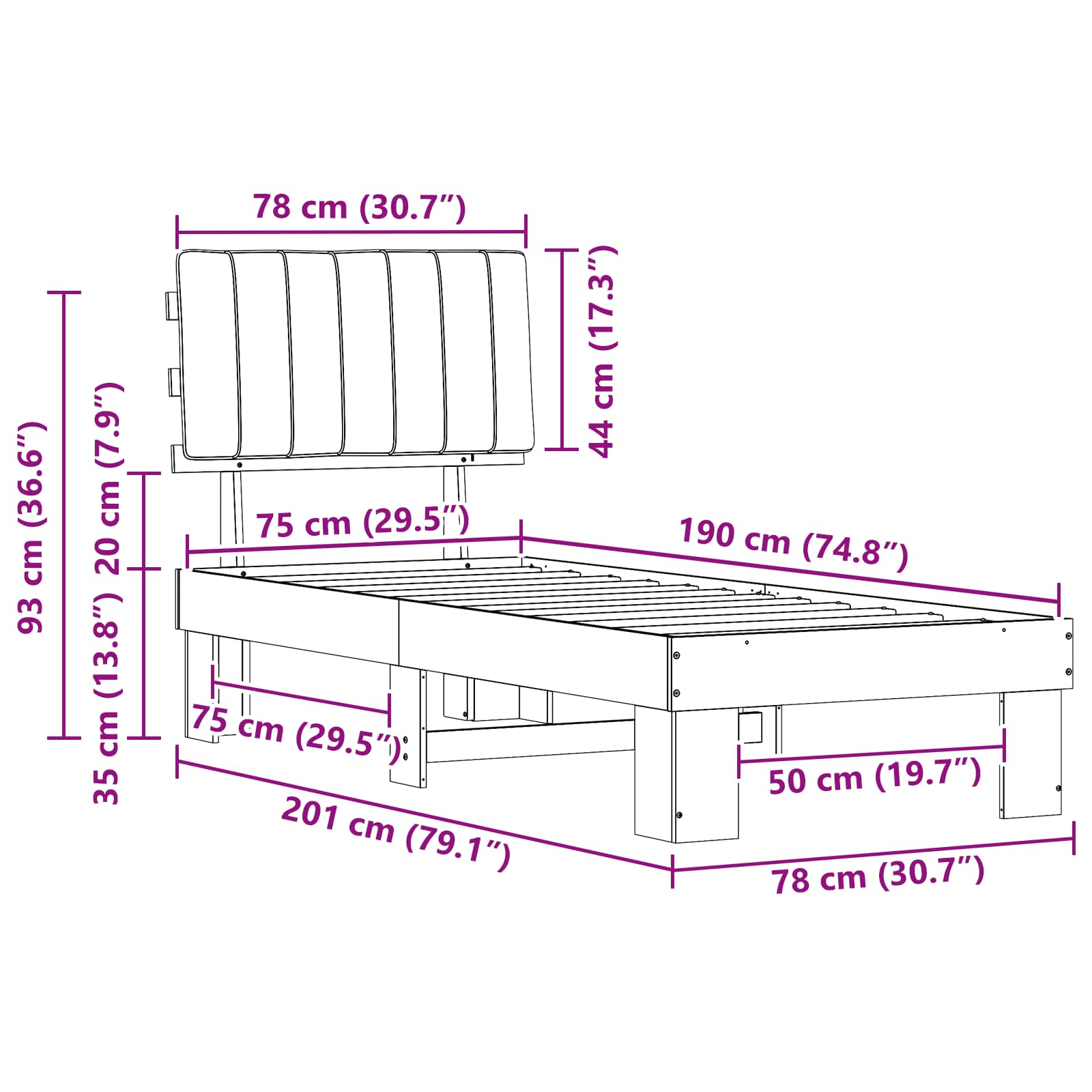 Bedframe met Gevoerd Hoofdgedeelte Donkergrijs 75 x 190 cm is nu te koop bij PeponiXL, paradijselijk wonen!